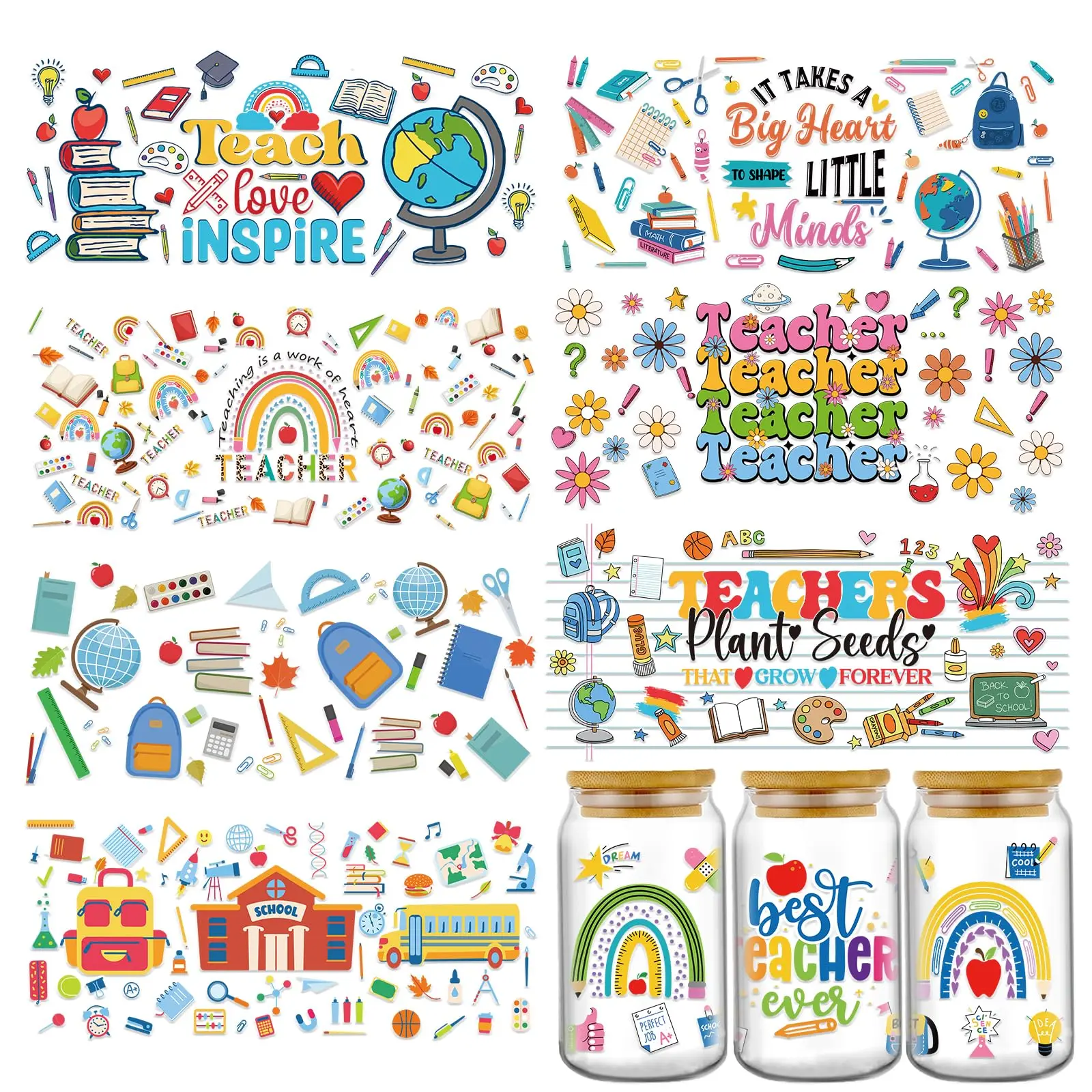 Random 10pcs Teacher UV DTF Wraps Uvdtf Decals Waterproof Rub on Transfer Stickers for Glass DIY Wood Crafts Teacher Gifts