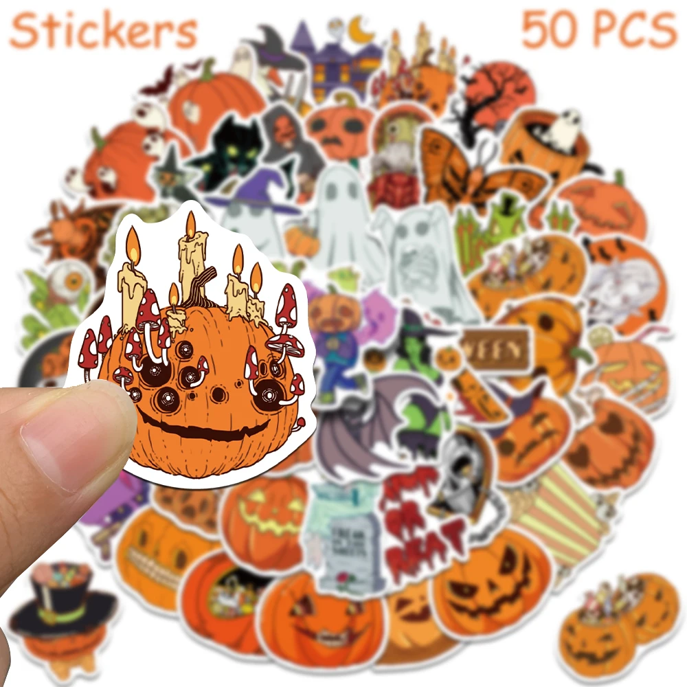 50pcs Cartoon Halloween Pumpkin Stickers Decals For Phone Notebook Luggage Refrigerator Wall DIY Graffiti Aesthetic Stickers