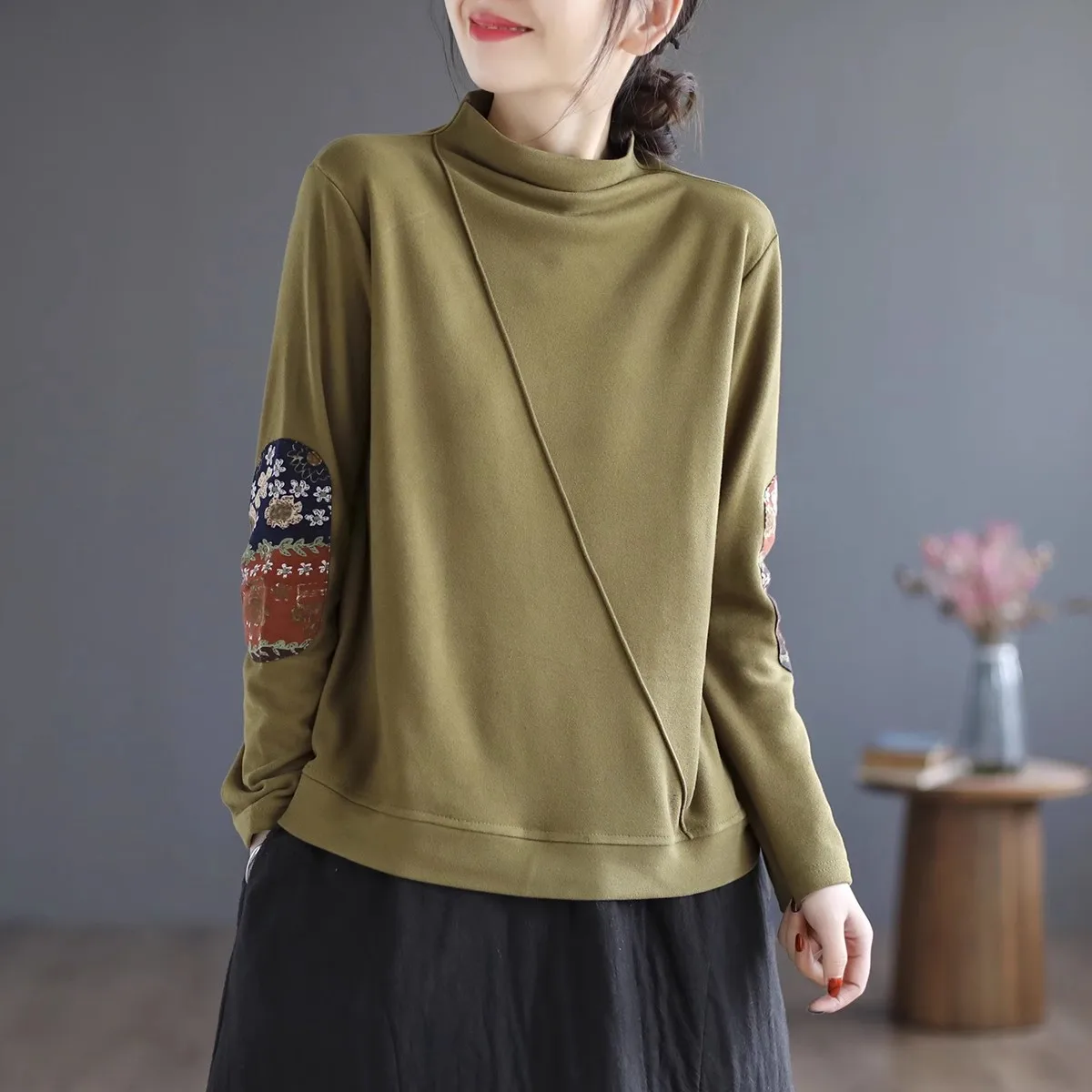Retro Gespleißt doppelseitige Samt Lose Lange Sve Stehkragen T-shirt frauen Herbst Winter plus Größe Abnehmen Trendy top