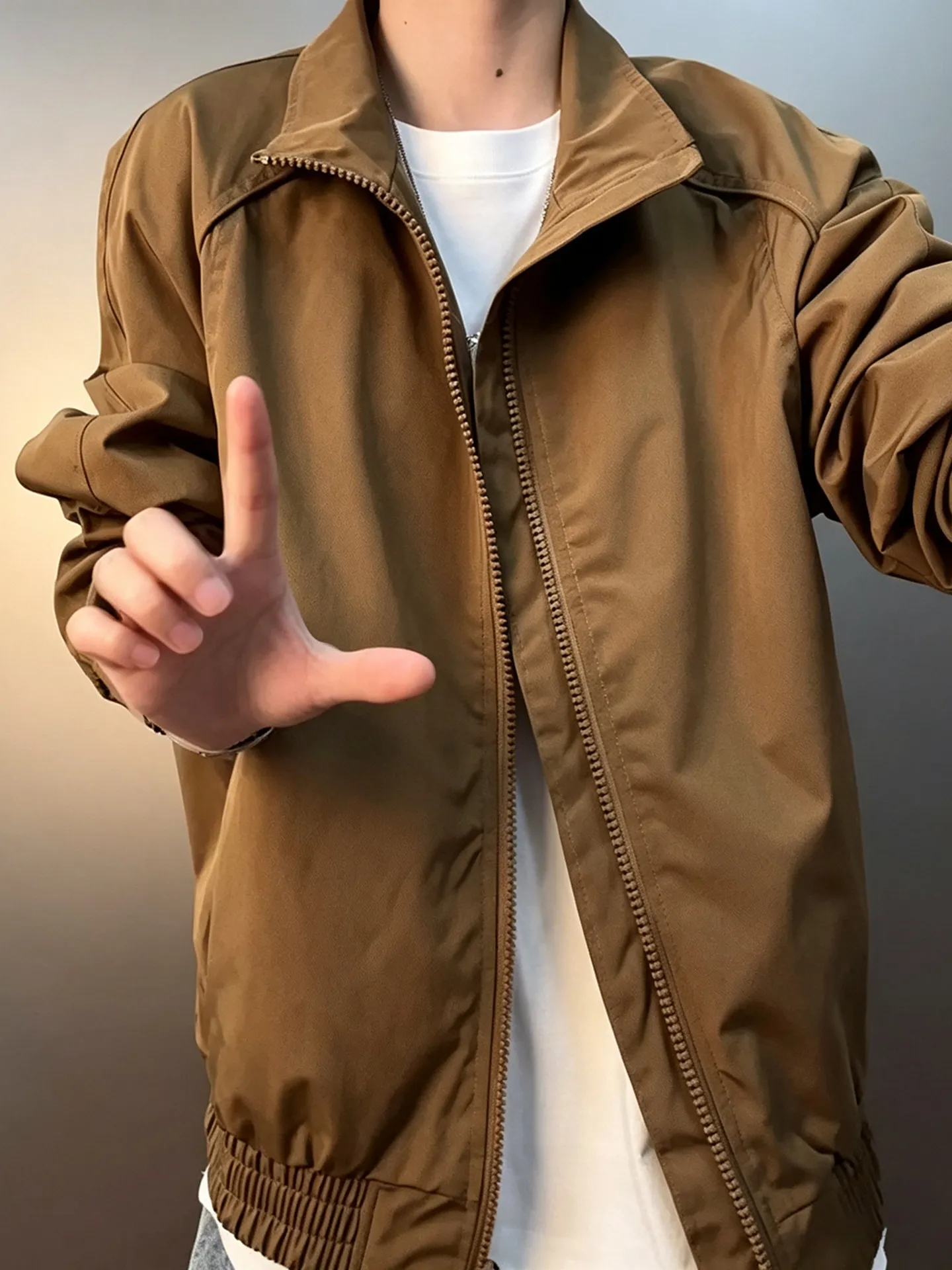 American Style Baseball Jacket Men's Autumn Flight Coat Cleanfit Shoulder High Collar Loose Fit Youthful Long Sleeve Zipper