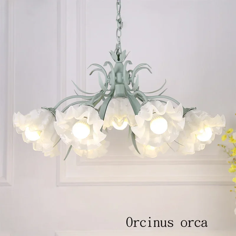 Korean style pastoral creative flowers glass chandelier living room bedroom Mediterranean simple flower iron chandelier