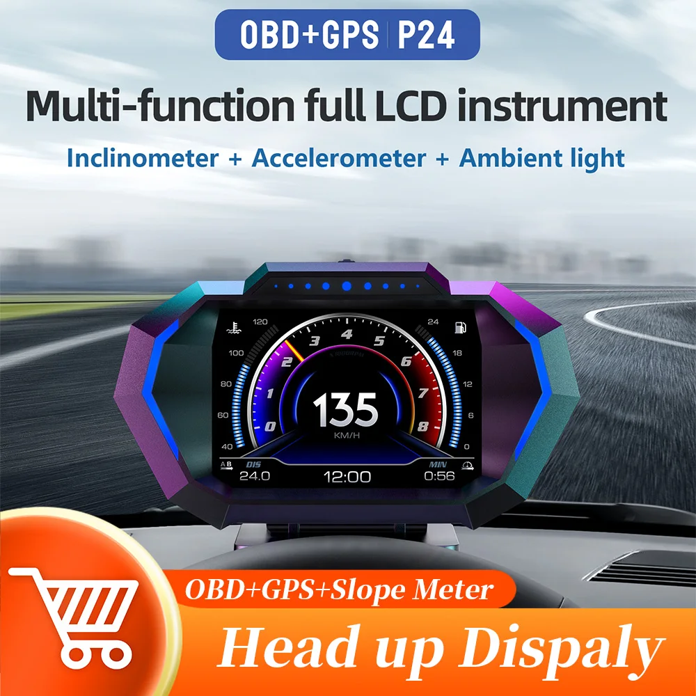 P24 Head Up Display Dual System Digtial Water Oil Temp Turbo Press lnclinometer HUD OBD2 Car Accessory On-board Computer Car