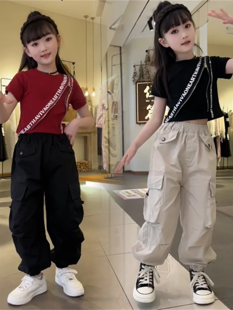 

Футболка на молнии для девочек, тонкая рабочая одежда, брюки, модная детская одежда, летняя новинка, корейская версия, хлопковая одежда...