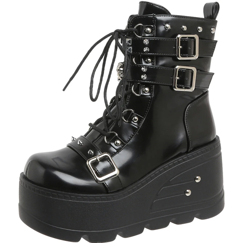 

Модные черные готические мотоциклетные ботинки большого размера 40, женские ботинки до середины икры на высоком каблуке в стиле панк с заклепками на массивной платформе, женская обувь 9 см