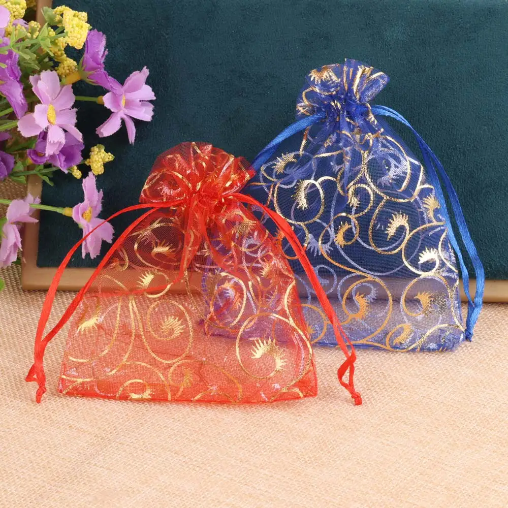 Bolsa de Organza de malla con estampado de pestañas doradas, bolsa con cordón para joyería de regalo, 9x12cm, 50 unidades por lote