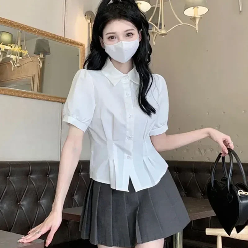 

White Blue Short Sleeve Shirts Women Summer New College Style Button Up Slim JK Shirts Korean Turndown Collar Students Blouses