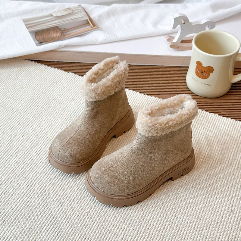 

2025 Simple Girls Winter Cotton Boots New Outdoor Children's Warm Platform Boots Classic Fashion School Kids Ankle Plush Boots