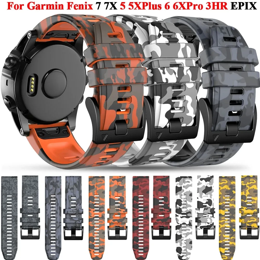 26 22mm Camo Silicone Quick Release Strap For Garmin Fenix 5 5X 6 6X Pro 7 7X Enduro 2 945 Quick fit Smartwatch Band Bracelet