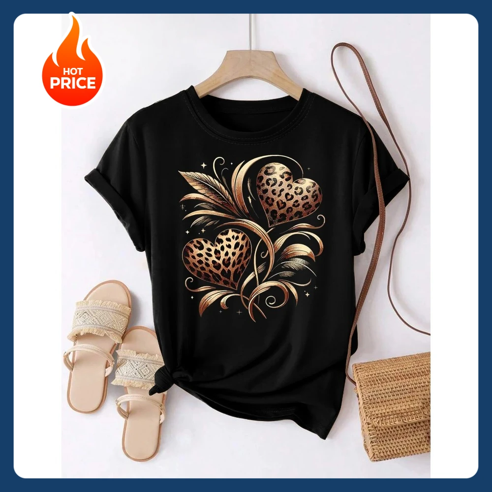 

Summer Fashion Women's T-Shirt Original Design Love Heart Leopard Pattern Print Women's Casual Soft Crew Neck Short Sleeved Tops