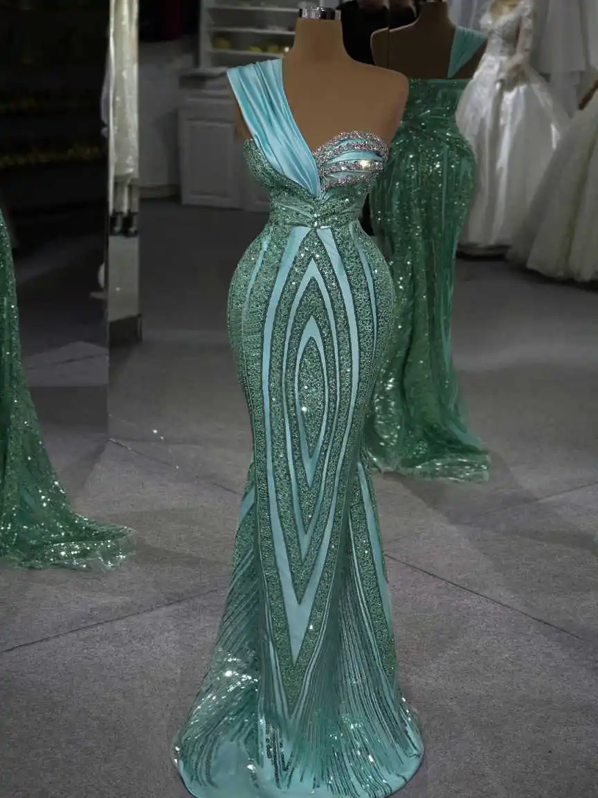 Elegant One-Shoulder Mermaid Formal Gown Sequin Patterned Satin Trim Dress for Gala Events & Special Occasions Customized