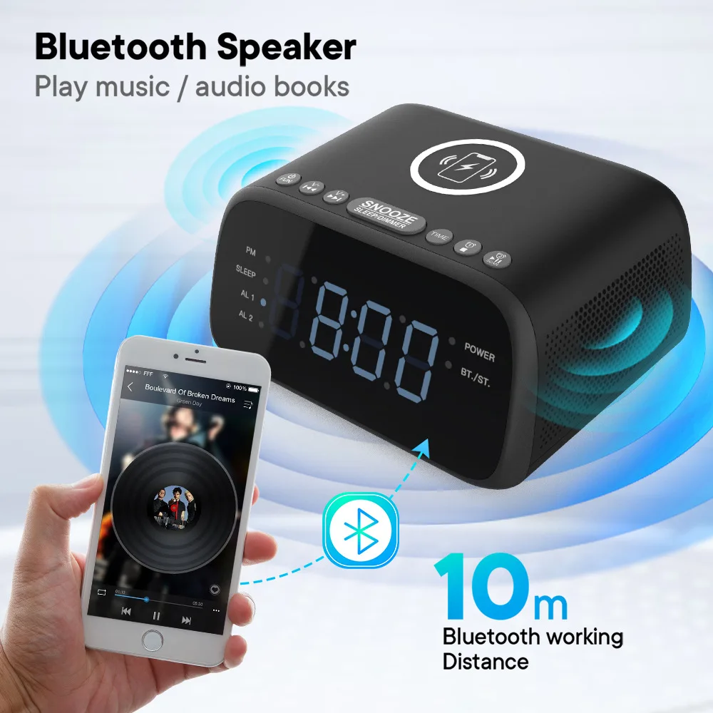 Caja De Som De escritorio, Altavoz Bluetooth con despertador Digital, Radio FM, caja De sonido para despertar en Hotel, luz LED De carga inalámbrica De 15W