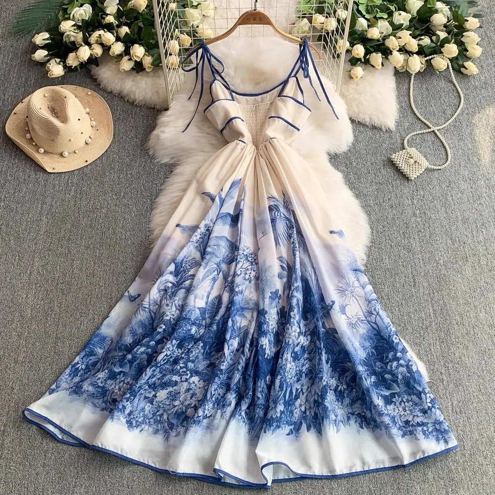 Robe élégante à imprimé Floral bleu pour femmes, à bretelles, sans manches, vêtements de fête de vacances, Streetwear, moulante, été