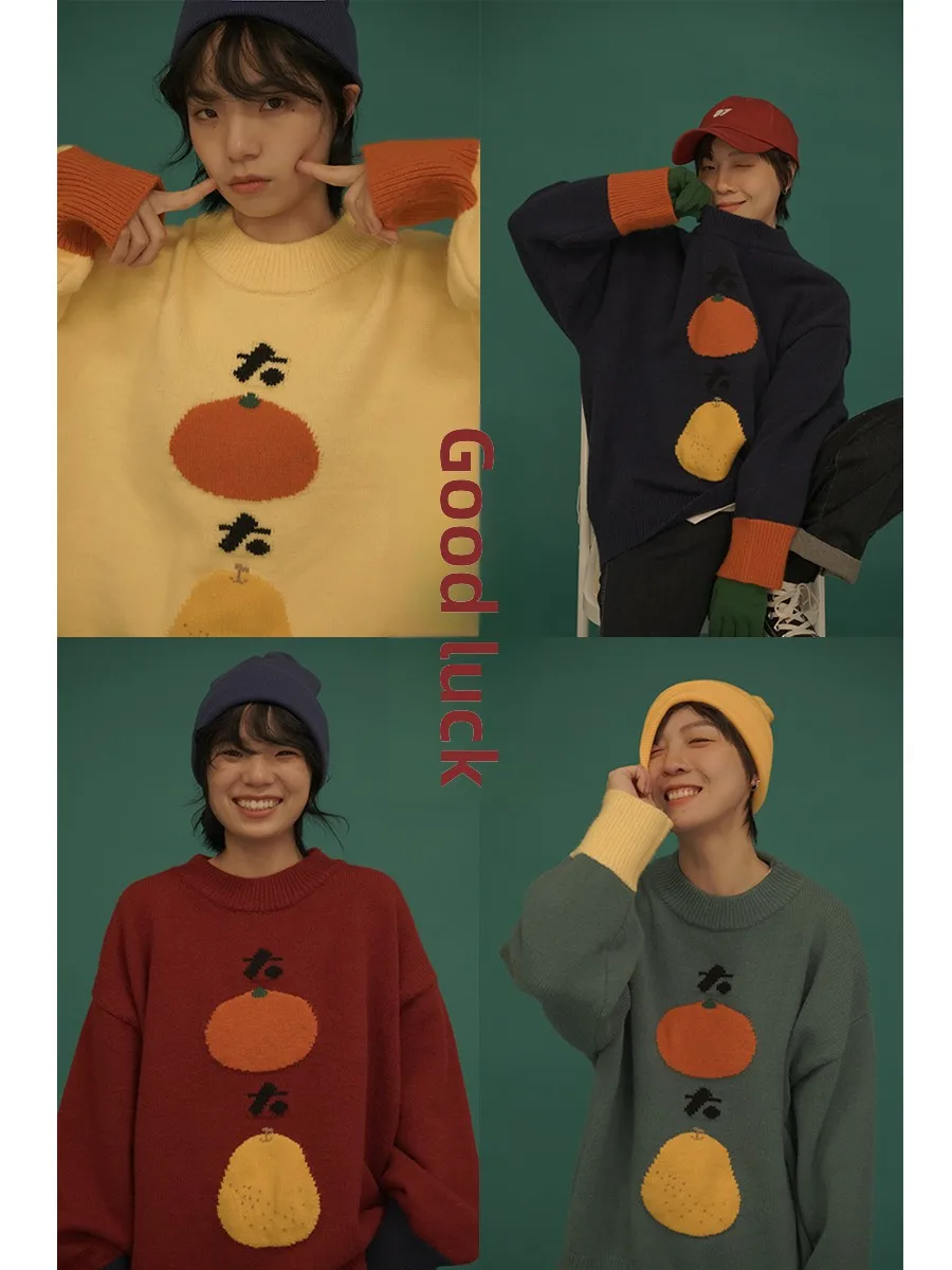 

Loose round Ne Knitted Sweater Street Sle ex New Year's Faion STILLYOU Original Big Orange And Pear Design