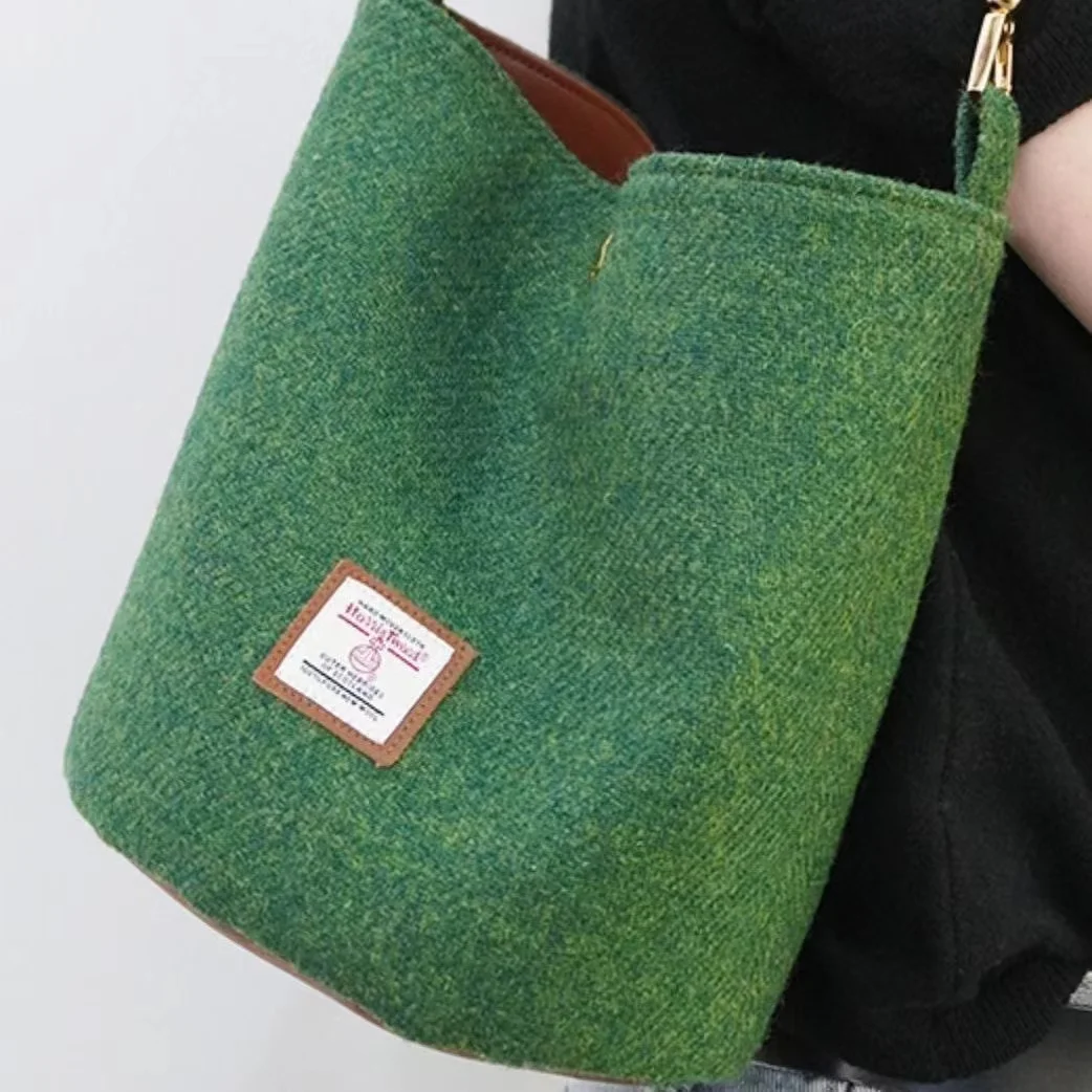 Fashion Tweed Bucket Bag Causal Korean Women Carrying Bag Niche One Shoulder Portable Underarm Bag