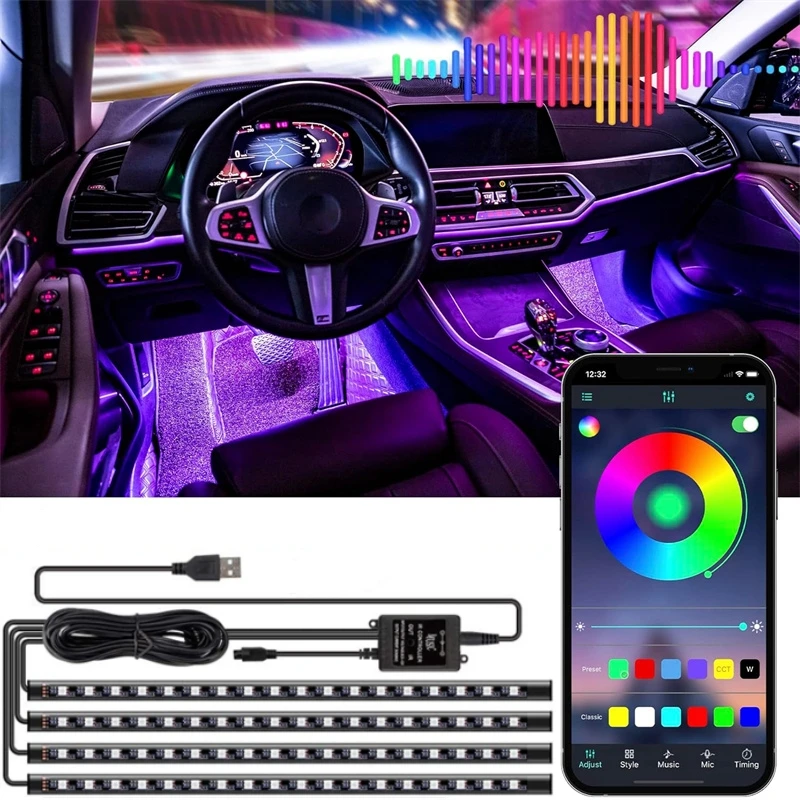 Neon 36 48 72 LED Car Interior Ambient Foot Light Backlight Auto RGB Atmosphere Decorative Lamps With USB Remote/App Control