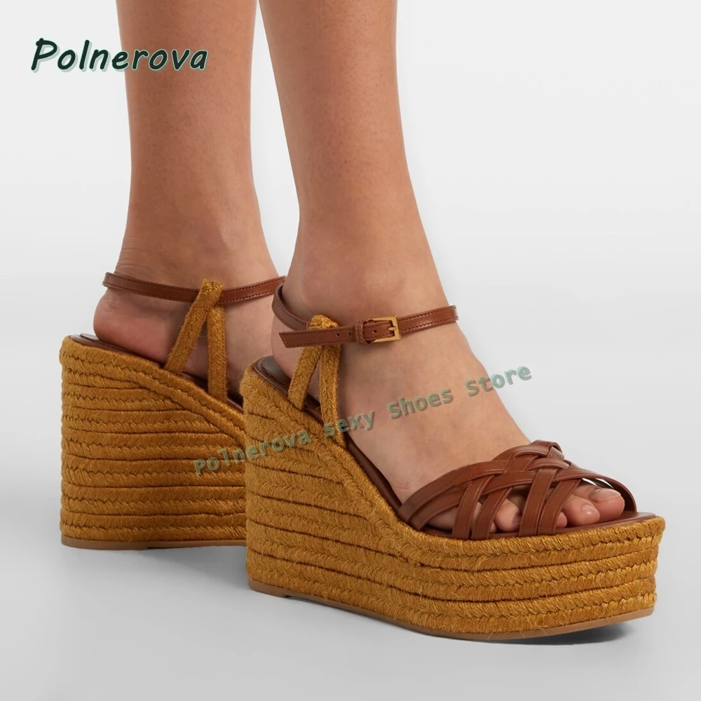

Women's Brown Leather Espadrille Wedge Sandals Ankle Strap Woven Platform Heels for Summer Vacation Daily Wear 2026 Summer Trend