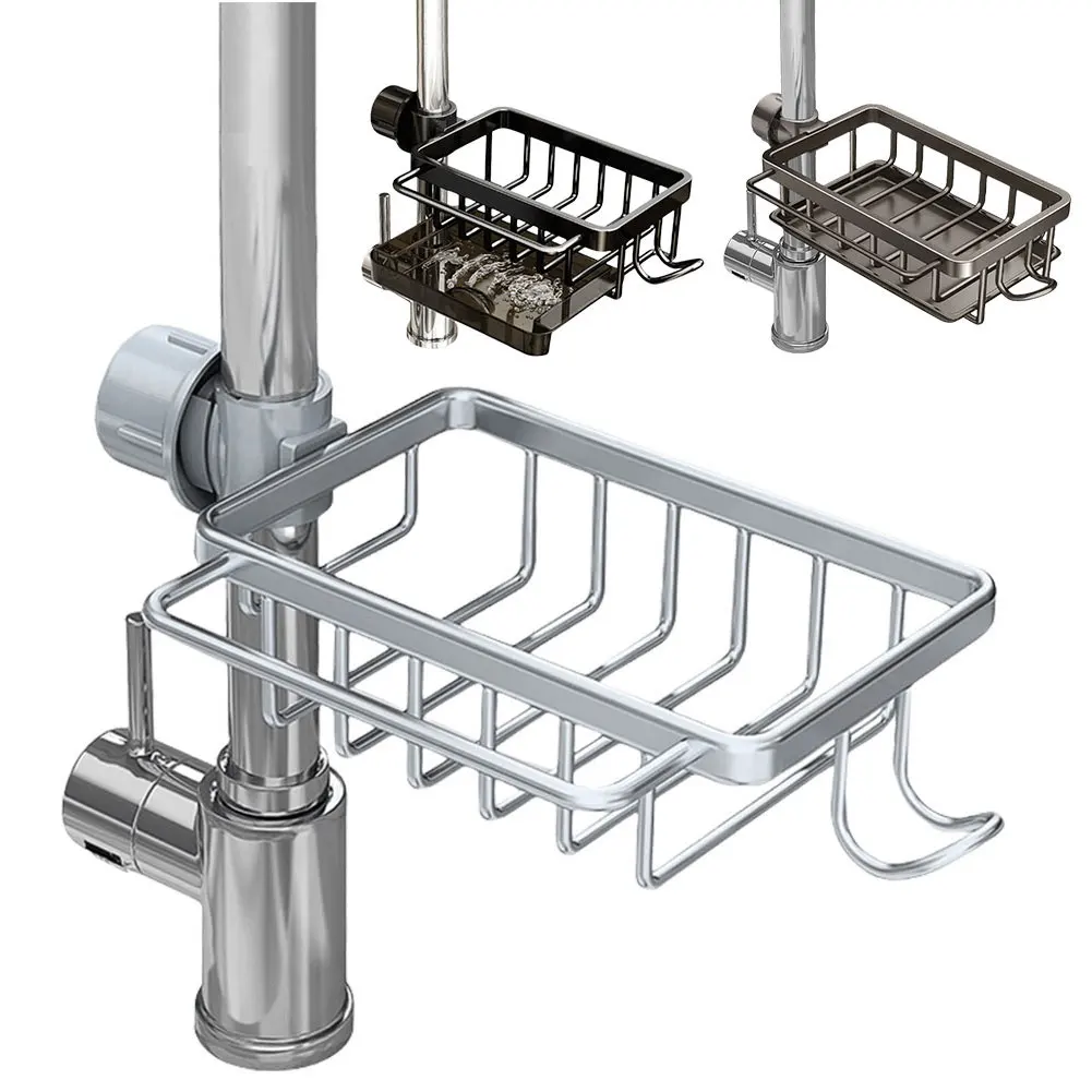 Soporte de esponja para fregadero de cocina, organizador Caddy de aluminio para fregadero, escurridor de grifo con gancho, funciona con tubería de agua redonda
