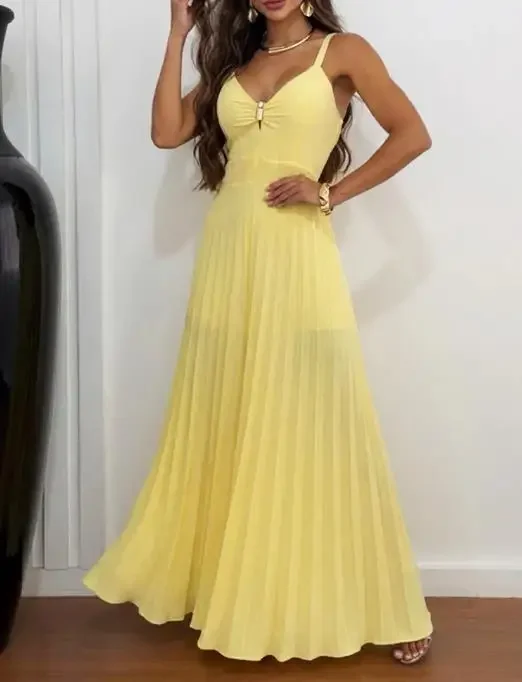 

Women's Sexy Metal Decor Deep V-Neck Hollow Out Front Overalls Casual Shirred Back Cinched Waist Pleated Wide Leg Jumpsuit