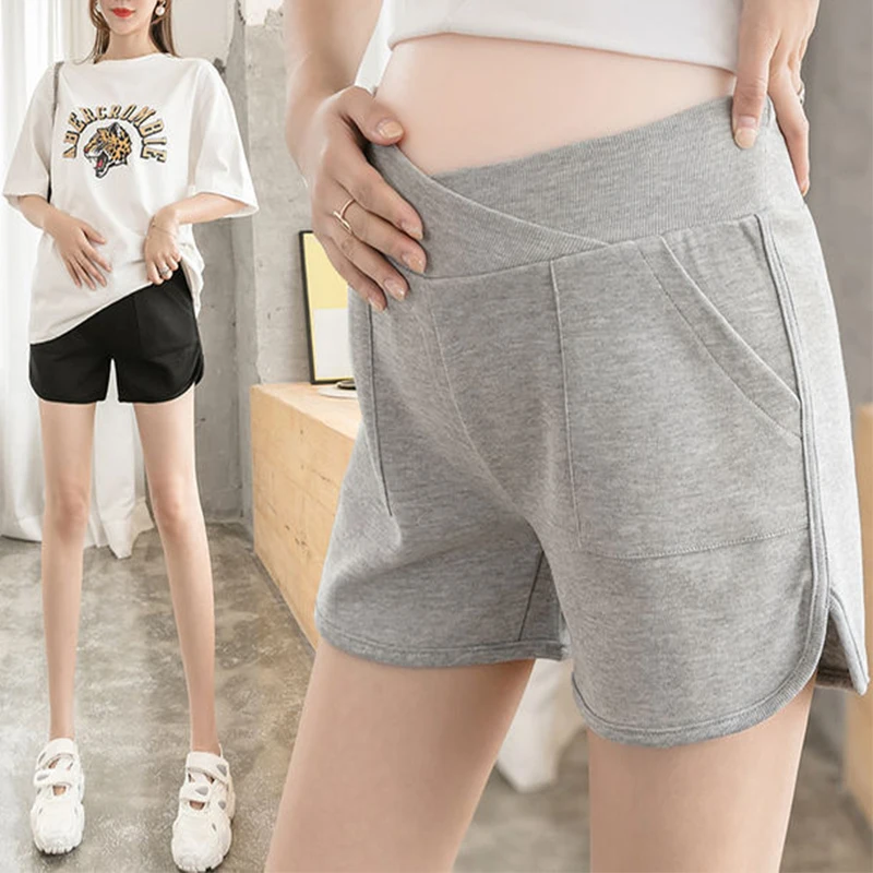 

Summer Pregnant Women Shorts Loose Wide-legged Pants Mom Abdomen Low Waist Trousers Solid Color Maternity Cotton Shorts Pockets