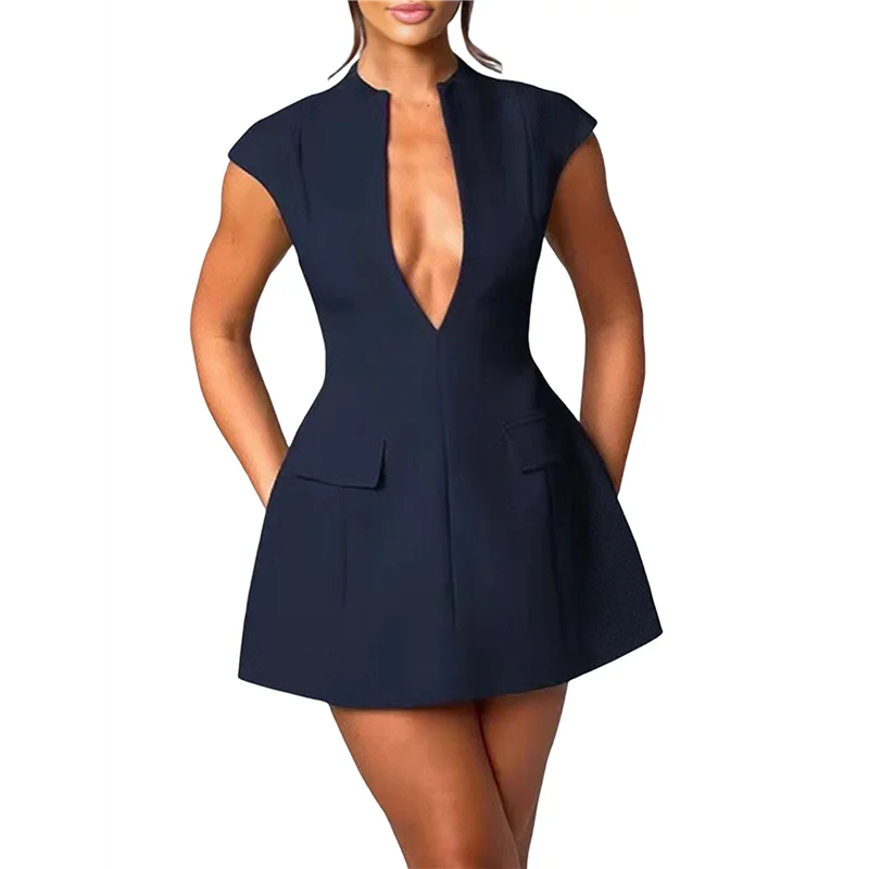 AOAO-Women's Summer Sexy- Cap Sleeve Deep V Neck Zipper A-Line Mini Dress Hollow Bodycon Night Out Party Dress