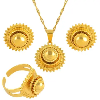 Ethiopian Small set Jewelry Necklace Earrings Ring Gold Color African Bridal sets Habesha Eritrea Wedding Sudan #045306