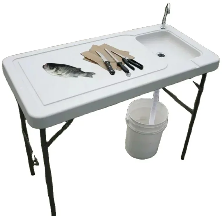 Tuoye Outdoor Fish Table Sink Portable Folding Camping Sink Table with Faucet and Dual Water Basins