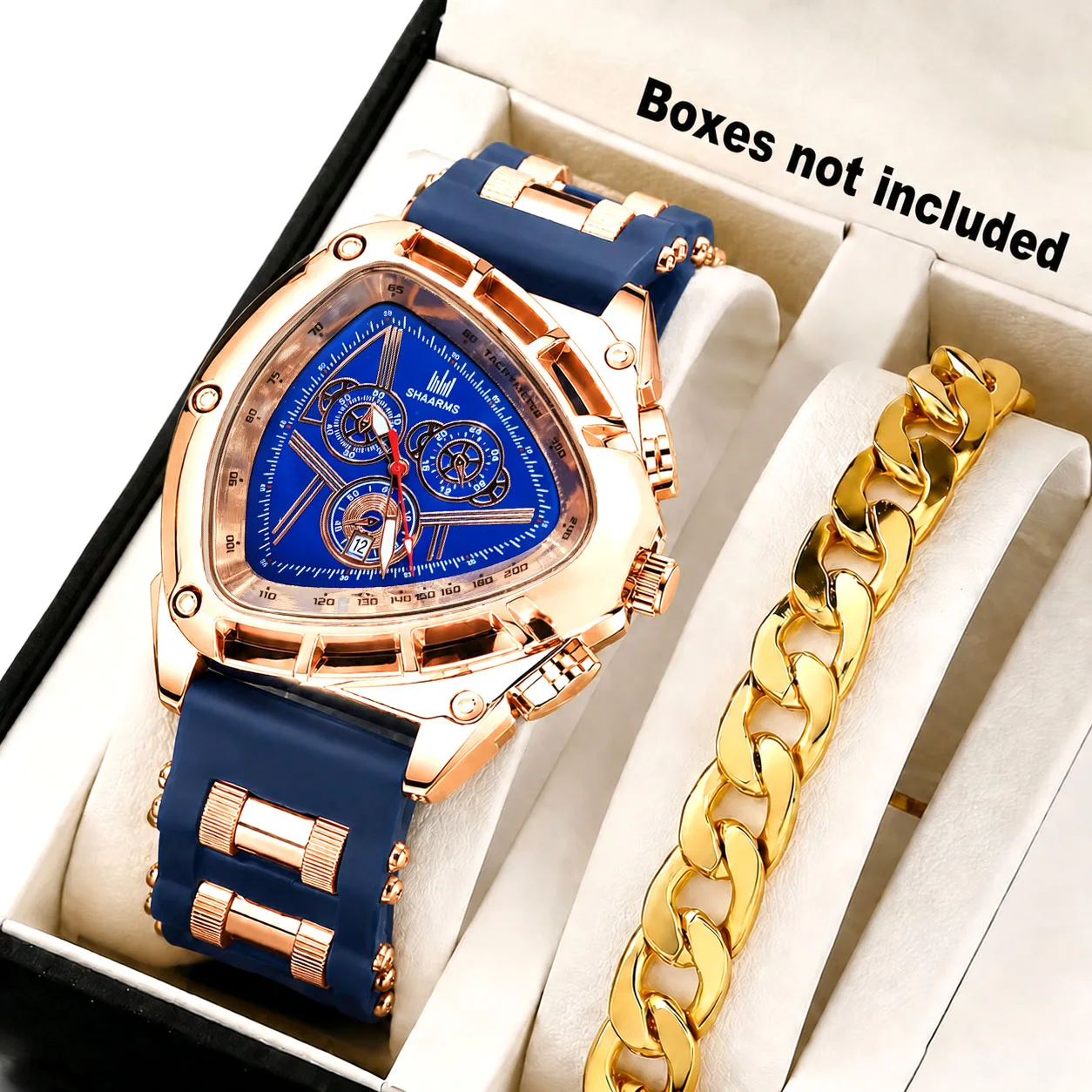 New Men's 2-Piece Fashion Business Suit, Silicone Strap Quartz Movement Watch + Fashionable Bracelet, Calendar Display Multi-Function Watch, Men's Gift