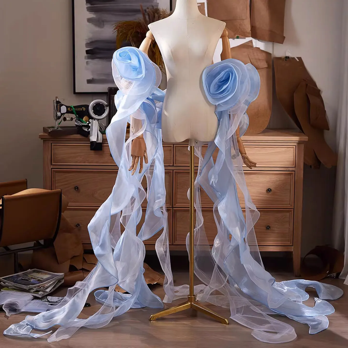 

Mingli Tengda Blue Mesh Handmade Flower Large Train Elegant Women's Accessories Bride Wavy Shawl Shoulder Gauze
