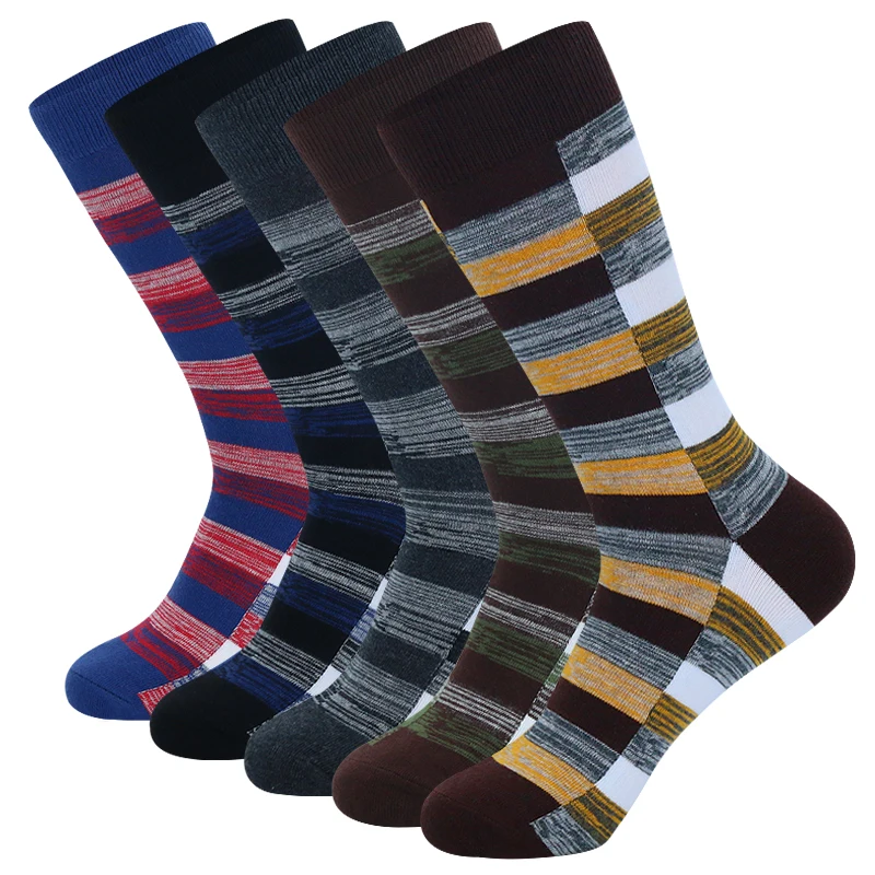 5 Pairs Mens Dress Socks stripe Plus Size,High Quality Combed Cotton Crew Socks,Black Cool Breathable Casual Socks for men