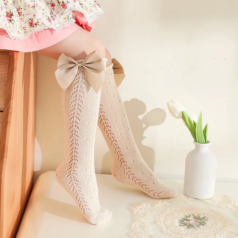 Summer Kids Knee High Socks Hollow Out Soft Cotton Cute Children Girls Thin Mesh Breathable Long Socken For 2-13 Years