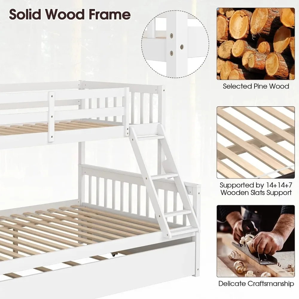 Twin Over Full Bunk Bed with Trundle, Solid Wood Bunk Bed with Ladder and Guardrails, Convertible to 2 Beds, Triple Bunk Beds