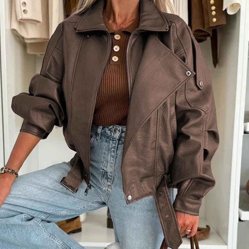 

Fashion Lapel Zipper PU Commuting Coat Women's Elegant Motorcycle Slim Fit Outerwear Autumn Winter Leather Long Sleeved Jacket