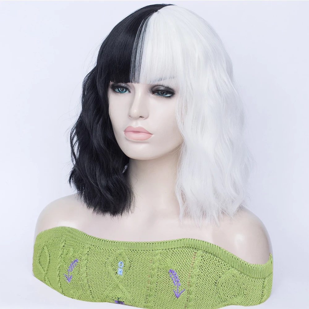 الاصطناعية قصيرة متموجة نصف أبيض نصف أسود الباروكات مع الانفجارات للنساء تأثيري لوليتا أنيمي مقاومة للحرارة شعر مستعار