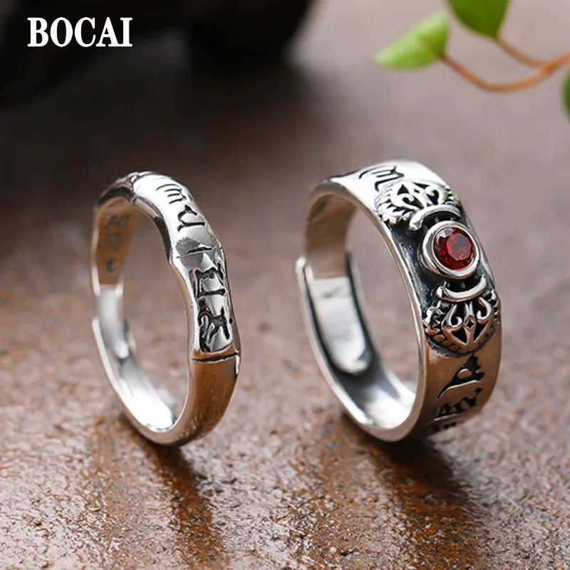 BOCAI Real S990 Pure Silver Jewelry Buddhist Vajra Six-Character Mantra Gem-Encrusted Women's Ring