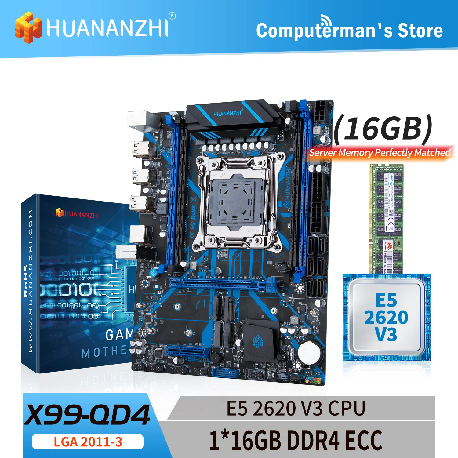 

HUANANZHI X99 QD4 LGA 2011-3 XEON X99 Motherboard with Intel E5 2620 v3 with1*16G DDR4 RECC Combo Kit Set M.2 NVME SATA