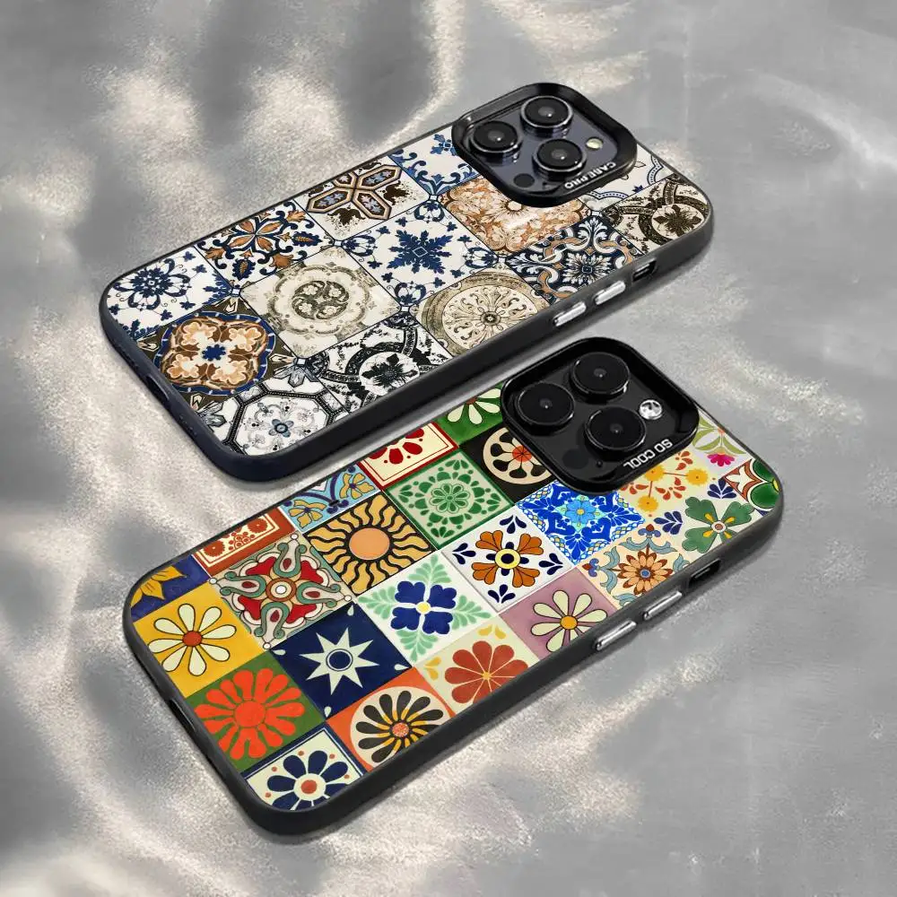 Capa de Celular M-Moroccan T-Tile para iPhone 17, 16, 15, 14, 13, 12, 11 Plus, Pro Max, XS, com Revestimento Interno Prateado Colorido