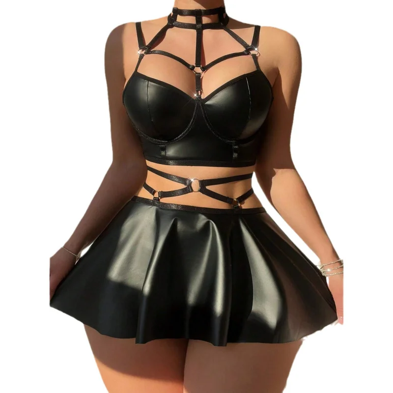 

Bikini Fashion Nightclub Uniform Halter Leather Bra Short Skirt Sexy Lingerie Set
