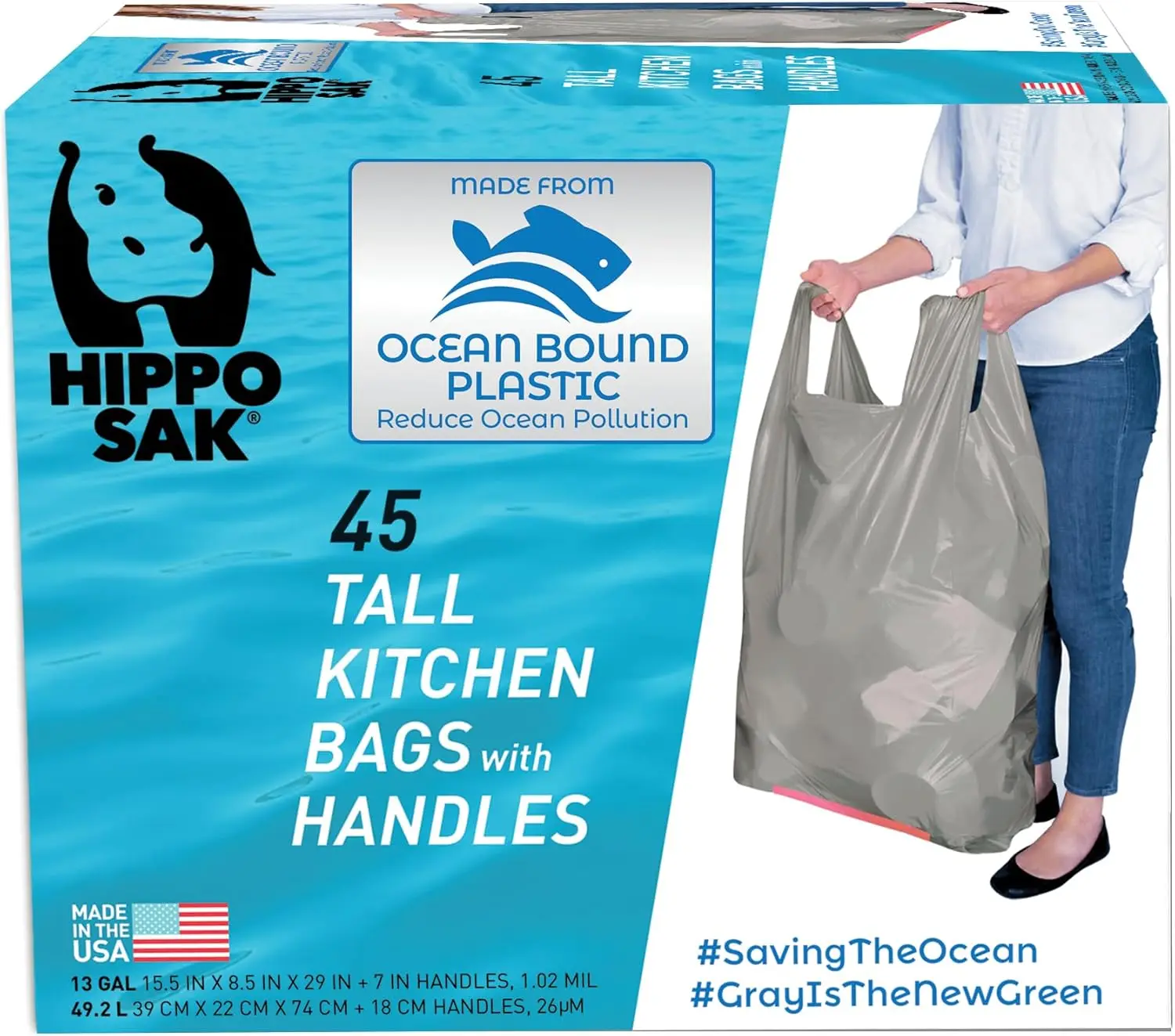 

Eco-Friendly Tall Kitchen Garbage Bags with Handles - 13 Gallon, Super Strong & Leak Proof (45 Count)