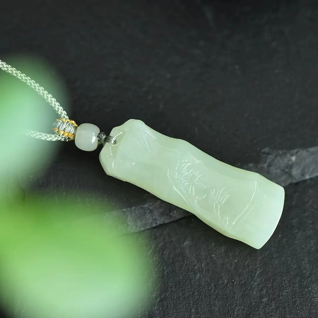 Finely Carved Hetian Jade Bamboo 28*50MM Pendant Ornaments 4132#