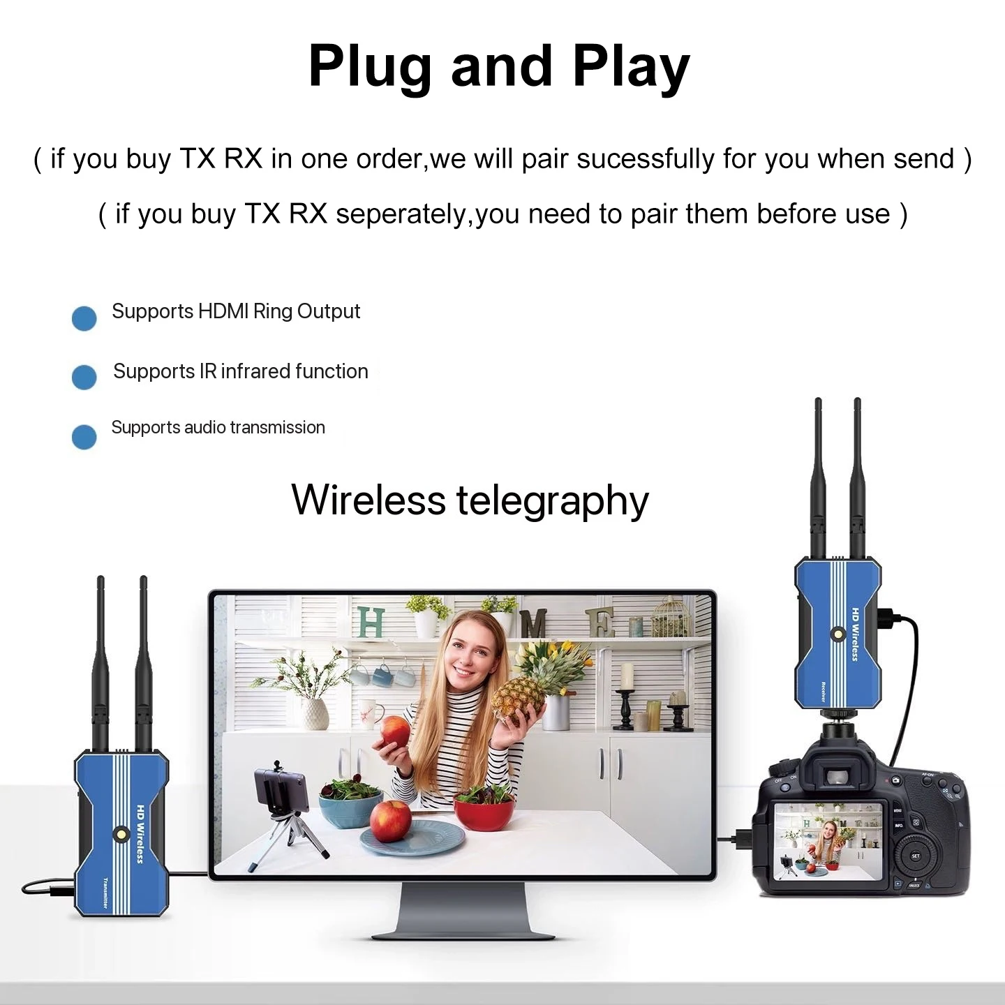 Extender HDMI Nirkabel 500M, Transmitter & Receiver Audio Video dengan Slot Baterai untuk Kamera, Live Streaming, Laptop, PC, TV, Monitor