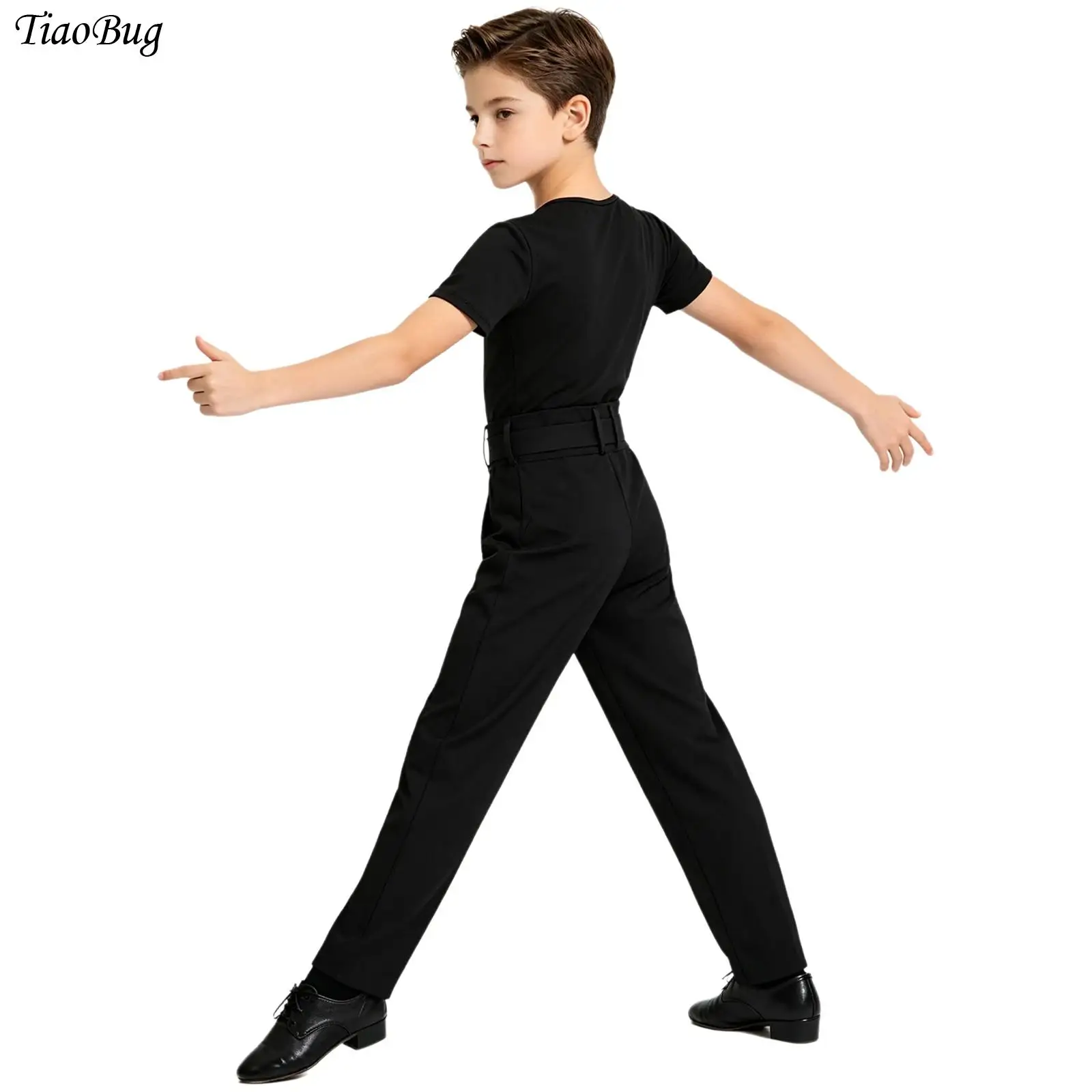 

Kids Boys Lyrical Latin Dance Performance Outfit Short Sleeve T-shirt Top with Pants Contemporary Dance Stage Practice Bodysuit