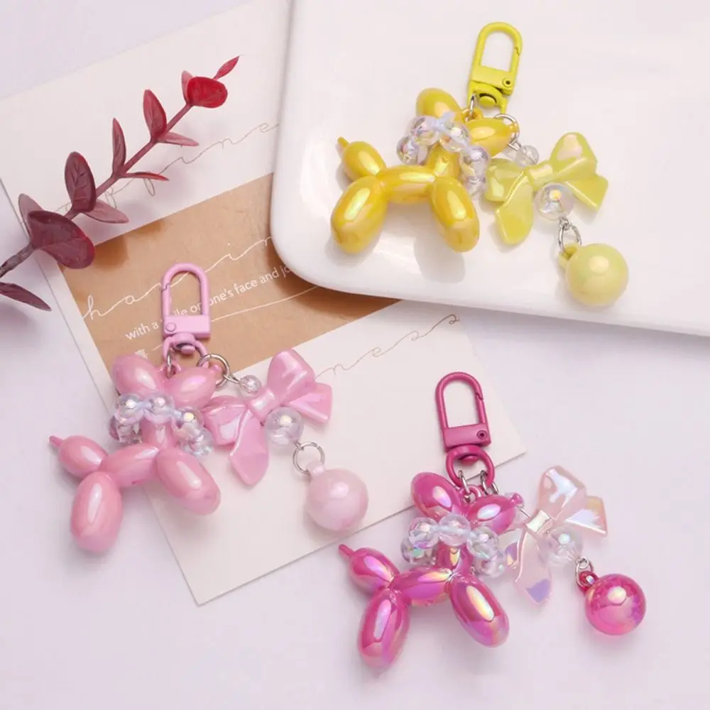 Creative Dog Balloon Puppy Keychain Acrylic Pearl Bow Key Ring Candy Color Key Buckle Korean Style Bag Charms Gift