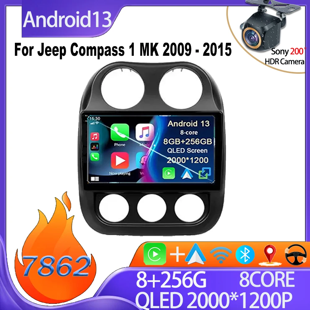 For Jeep Compass 1 MK 2009 - 2015 Carplay Car Radio Android 14 Player Touch Screen DVD Mirror Link Bluetooth 8 Core DSP No 2din