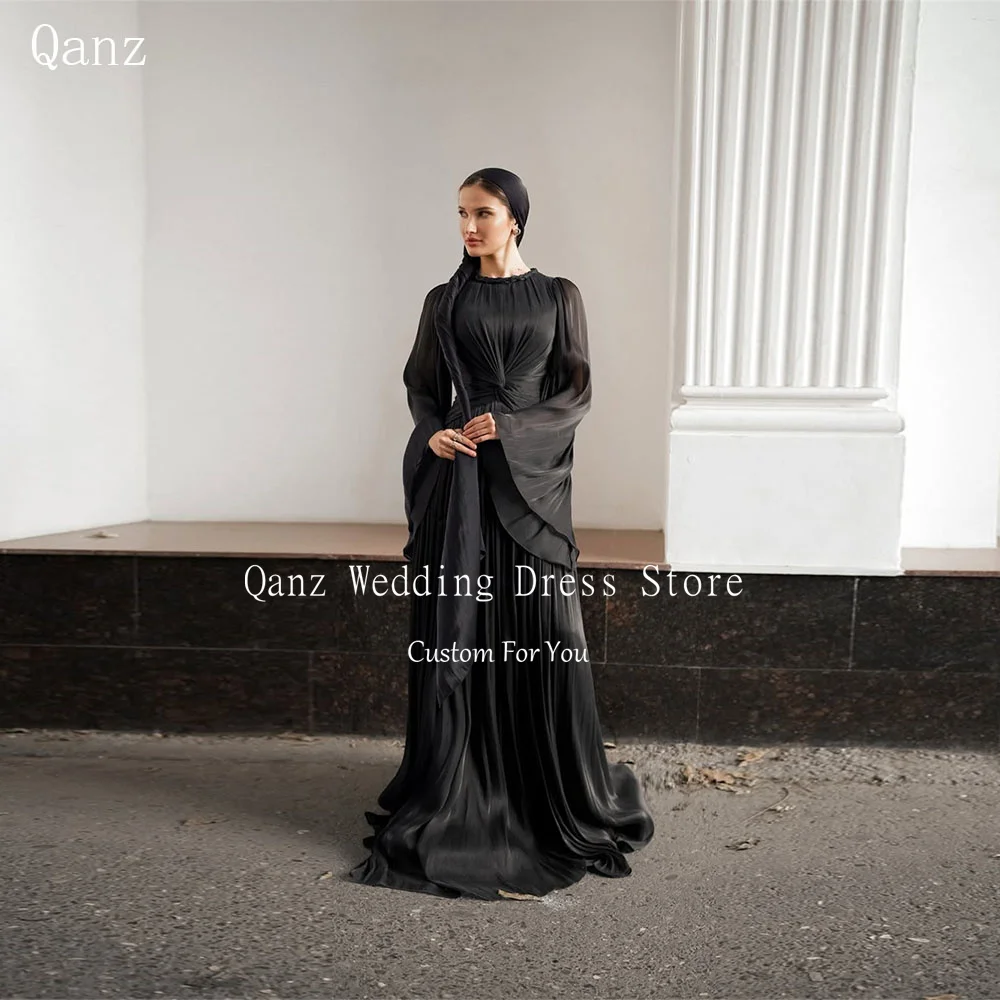 

Qanz Muslim Black Prom Dress Women O Neck Flared Sleeves Evening Dresses Long A Line Pleat Robe De Soirée Femme Customized