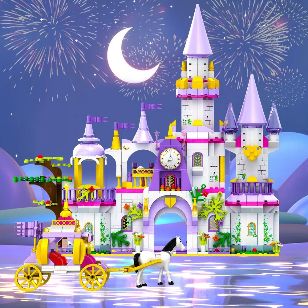 HOGOKIDS Girls Princess Castle Building Toys-5 in 1 Purple Castle & Carriage Playset  Blocks Set Kids STEM Kit Brithday for kid