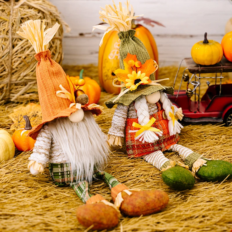 Scarecrow Gnome Thanksgiving Doll Pumpkin Maple Leaf Faceless Doll Harvest Season Ornament Home Tabletop Decorations