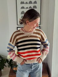 Round Neck Colorful Striped Women's Knitted Sweater Casual Long Sleeve Warm Pullover Autumn Winter Versatile Commute Streetwear