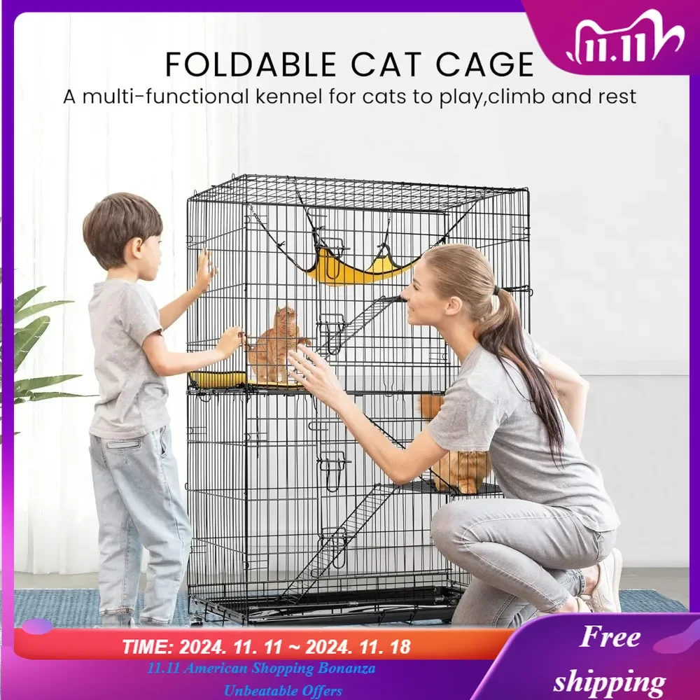 4-Tier 49 Inch Collapsible Metal Cat Kitten Ferret Cage 360° Rotating Casters Enclosure Pet Playpen