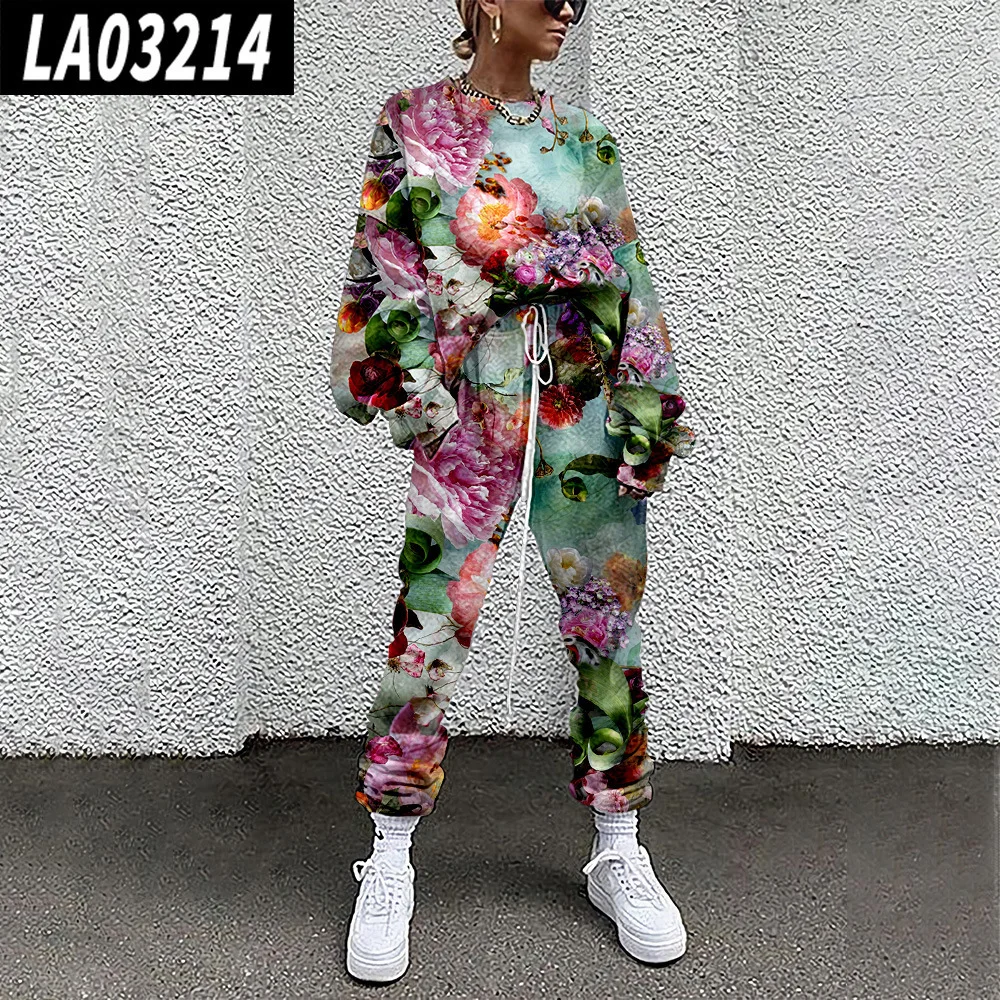 Tracksuit Long Sleeve Floral Print Pullover Women Casual Sports Set Sweatshirts Jogging Sweatpant