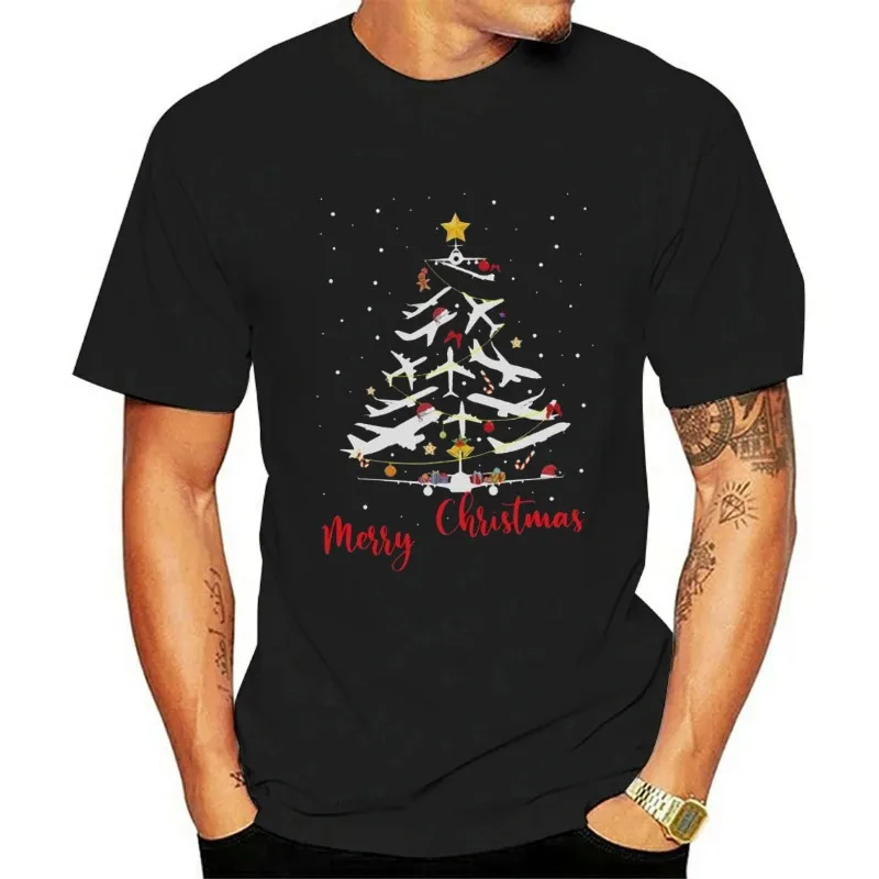 Airplane Christmas Tree Men Shirt Merry Christmas Most Likely Pilot Gift for Airplane Lover Aviation Funny Pilot Cotton T-Shirt